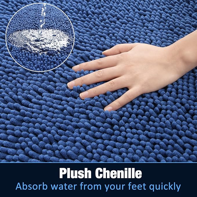 LOCHAS Luxury Bathroom Rug Shaggy Bath Mat 24 x 70 Inch, Washable Non Slip Bath Rugs for Bathroom Shower, Soft Plush Chenille Absorbent Carpets Mats, Blue