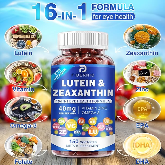 Lutein and Zeaxanthin Supplement - Eye Vitamins, 40 mg Lutein & 8 mg Zeaxanthin with Vitamins C, E, Zinc, Omega-3 & CoQ10 for Blue Light Protection, Eye Health Support  - 450 Softgels