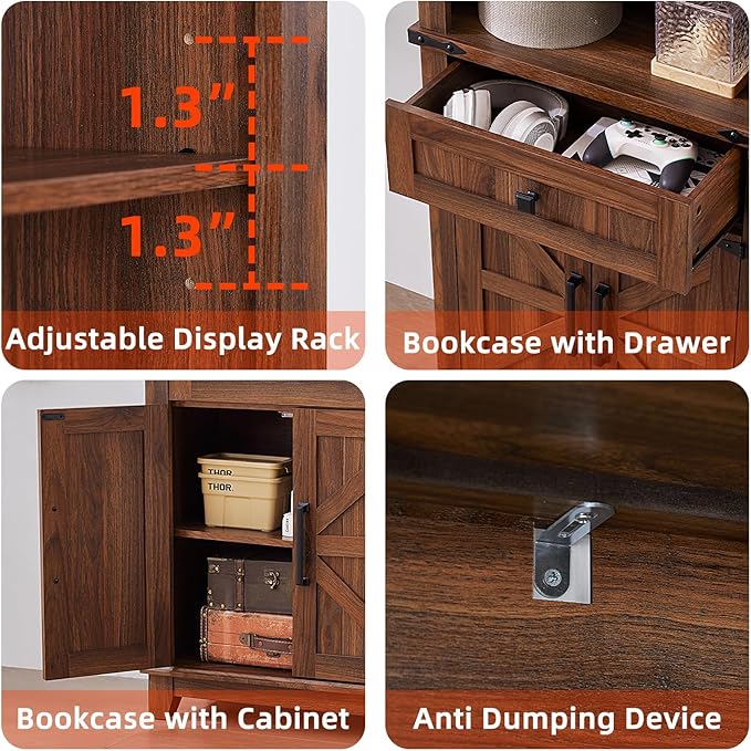 72in Tall Bookshelf 7 Tier Bookcase with Drawer and Barn Doors and Adjustable Shelves, Brown Farmhouse Book Shelf with Storage Cabinet, Wood Freestanding Display Bookshelves for Kitchen (2PCS)