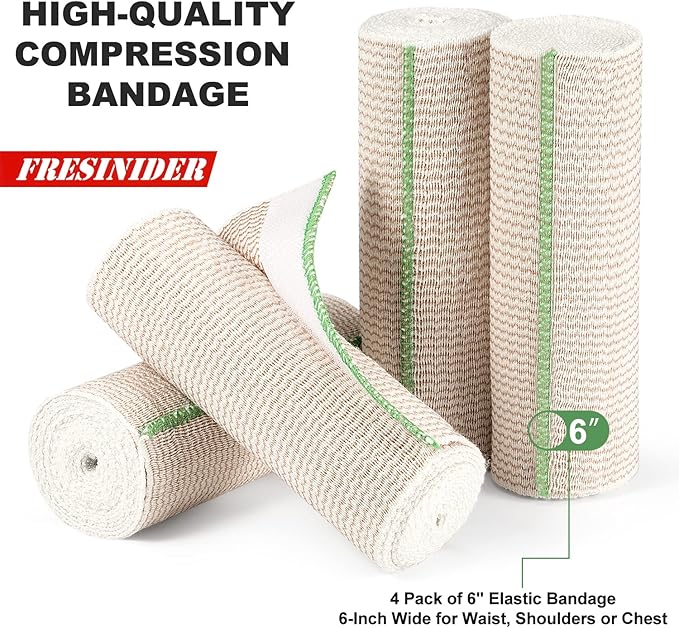 FRESINIDER Premium Elastic Bandage Wrap, 4 Pack 6" × 4.5 Yards (13.5 ft) Cotton Latex-Free Compression Wrap with Touch Closure, Reusable Support Bandage for Sports, Exercise, and Daily Joint Support