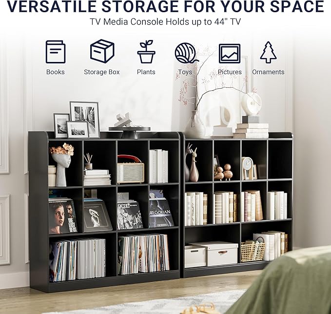Cozy Castle Bookshelf, 3-Tier Open Bookshelf, 10 Cube Horizontal Bookcase, Storage Organizer with Anti-Tilt Device, Wood Bookcase for Home Office, Bedroom, Living Room, Black