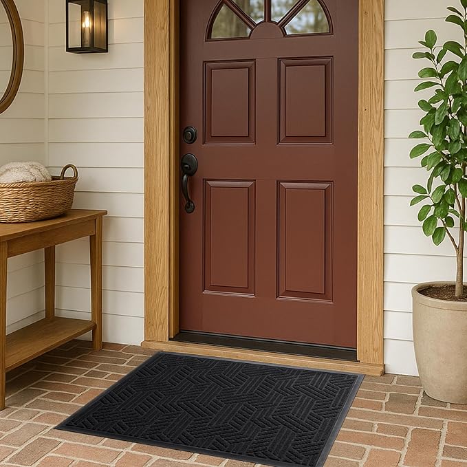 Front Door Mat 29.5"x17" Indoors Outdoors Welcome Mats, Waterproof Non-Slip Rubber Backing Heavy Duty Doormat Outside Entrance, Low Profile Entryway Rugs Floor Mat for Patio, Pattern B Black