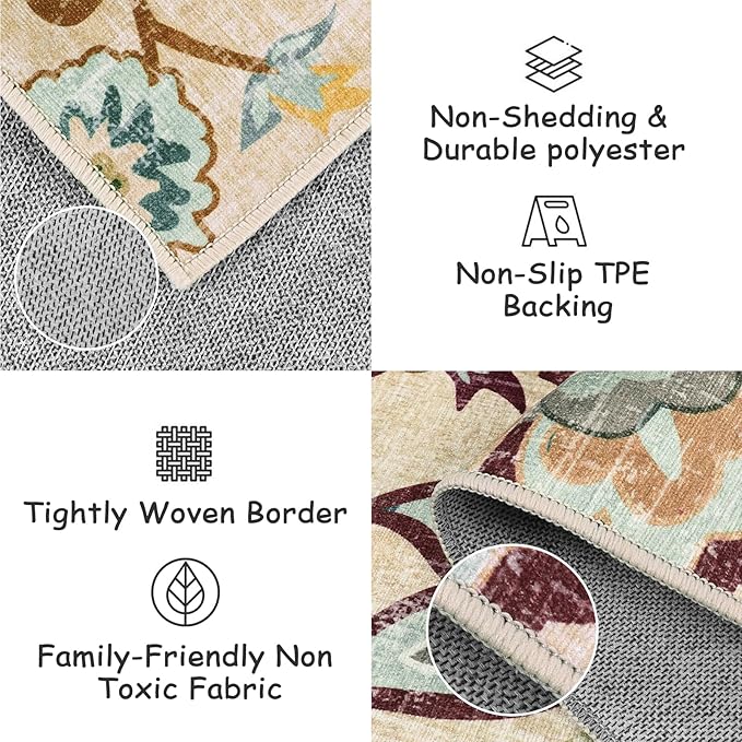 Beeiva Floral Washable Kitchen Runner Rugs, 2x6 Beige Ultra Thin Vintage Plant Bathroom Hallway Runner Rugs with Rubber Backing, Carpet Runner Rug for Hallways Laundry Rugs Laundry Room Runner