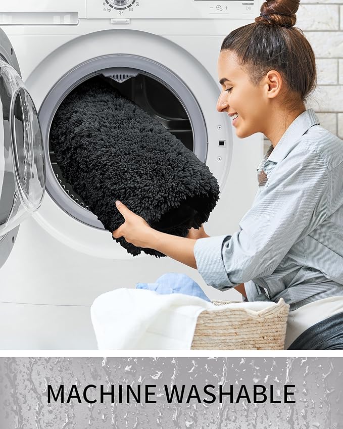 Bathroom Rugs 48x24, Ultra Thick Shaggy Soft Microfiber Absorbent Bath Rug, High Density Foam Latex Non Slip Backing, Machine Washable Bath Mats for Bathroom Floor & Sink, Black