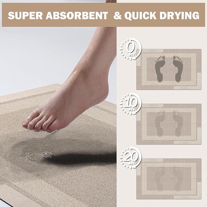 Non Slip Long Bathroom Runner Rug Bath Mat, Rubber Backing Ultra Thin Bathroom Rugs Fit Under Door Quick Dry Super Absorbent Washable Shower Mat for Bathtub Sink Floor, Beige 17"x59"