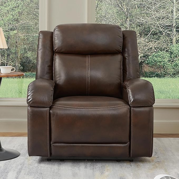 Watson & Whitely Oversized Genuine Leather Power Recliner Chairs for Big and Tall, Wall Hugger Recliner with Power Headrest & Charging Ports, Extra Large Reclining Chair for Living Room, Dark Brown
