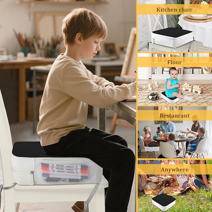 Booster Seat for Kitchen Chair - 4-Point Anchor 3.8" Lift Toddler Booster Seat for Dining Table with Side Pockets, Non-Slip & Portable Dining Cushion for Kids (Black)
