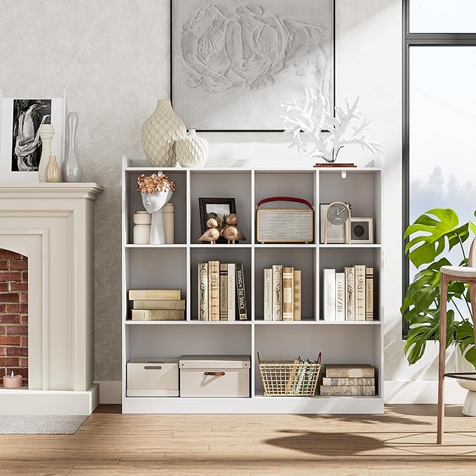 Cozy Castle Bookshelf, 3-Tier Open Bookshelf, 10 Cube Horizontal Bookcase, Storage Organizer with Anti-Tilt Device, Wood Bookcase for Home Office, Bedroom, Living Room, White