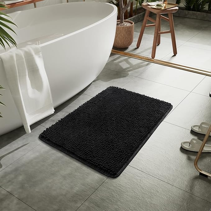 LOCHAS Luxury Bathroom Rug Shaggy Bath Mat 20 x 30 Inch, Washable Non Slip Bath Rugs for Bathroom Shower, Soft Plush Chenille Absorbent Carpets Mats, Black