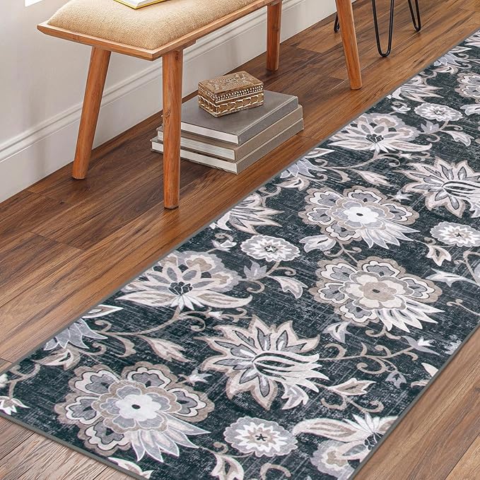 Beeiva Floral Hallway Rug Ruuner, Vintage Black 2.5x12 Kitchen Rugs Non Slip Washable Ultra Thin, No Shedding Printed Distressed Long Kitchen Runner Rug for Bedroom Bathroom