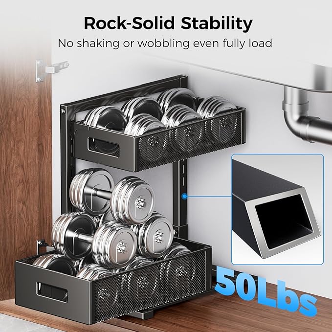 2 Pack Under Sink Organizer, Adjustable Height Under Sink Organizers and Storage, Smooth & Silent Sliding Out Metal Drawer for Kitchen Bathroom Pantry Cabinet Closet (Black)