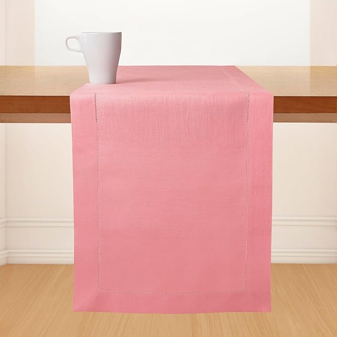 D'Moksha Homes Linen Dusty Pink Table Runner 60 Inches - Classic Hemstitch, 100% Pure Linen Coffee Table Runner 14 x 60 Inch Ideal for Dresser Tables, Valentines, Spring, Easter