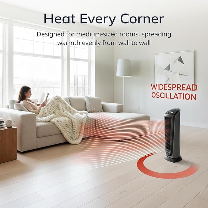 Lasko 1500W Ceramic Tower Space Heater with Remote, Thermostat, Timer & Widespread Oscillation, Portable Electric Heater for Indoor Use, Bedroom & Living Room, 751320