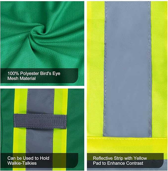 FONIRRA Hi Vis Shirts for Men Reflective ANSI Class 2 Safety Long Sleeve High Visibility Work Construction T Shirts Green