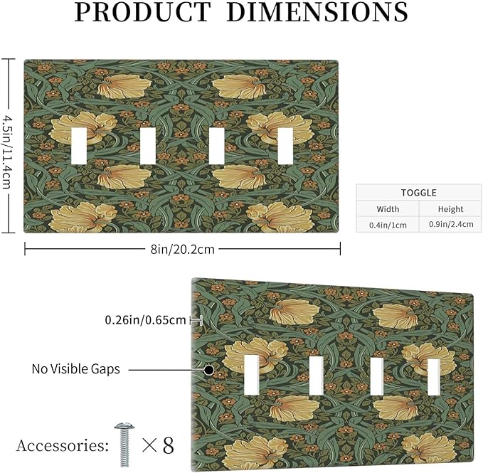 Light Switch Covers William Morris Floral Vintage Flowers Pattern Quad Toggle Electrical Faceplate 4 Gang Wall Plate Decorative Switch Plates for Bedroom living Room Decor