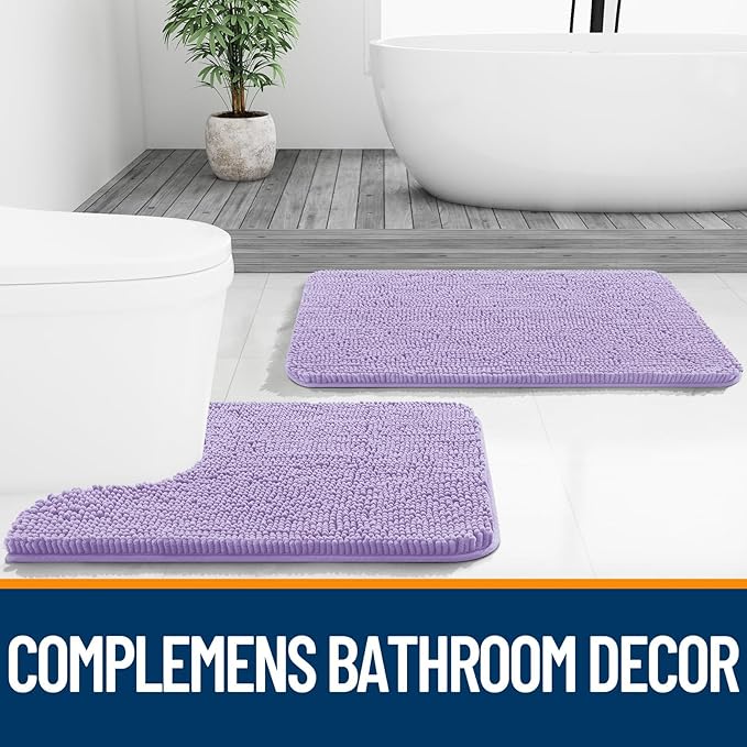 OLANLY Bathroom Rugs Sets 2 Piece, Soft Absorbent Chenille Bath Mats and U-Shaped Contour Toilet Mat Area Rug Set, Machine Washable Bath Carpet, Home Decor Accessories(30"x20"+24"x20", Lavender)