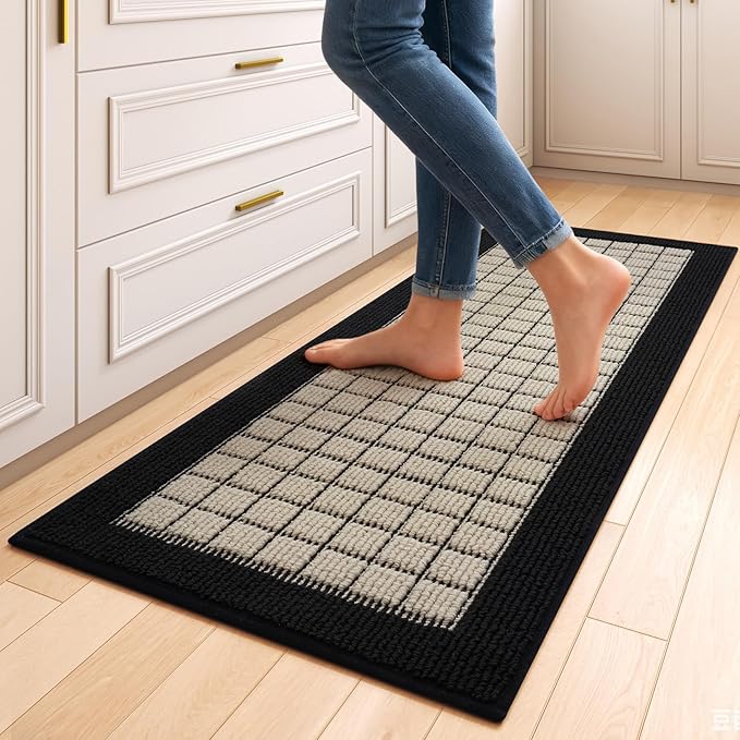 Kitchen Mats for Floor 17"x47", Non-Slip Washable Kitchen Rugs, Absorbent and Stain Resistant Kitchen Rug, Durable Comfortable Rugs for Kitchen, Hallway, Laundry & Sink, Black