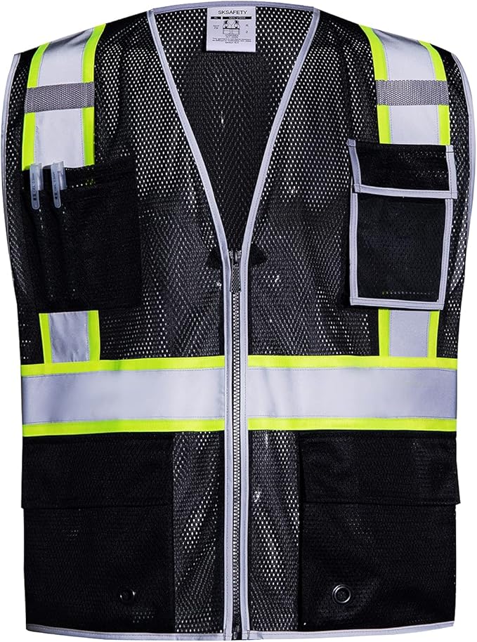 SKSAFETY 10 Pockets Safety Vest, Class 2 High Visibility Security with Zipper Double-sided mesh, Hi Vis Vest with Reflective Strips, ANSI/ISEA Standard, Construction Work Vest （Black, 3XL）
