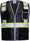 SKSAFETY 10 Pockets Safety Vest, Class 2 High Visibility Security with Zipper Double-sided mesh, Hi Vis Vest with Reflective Strips, ANSI/ISEA Standard, Construction Work Vest （Black, 4XL）