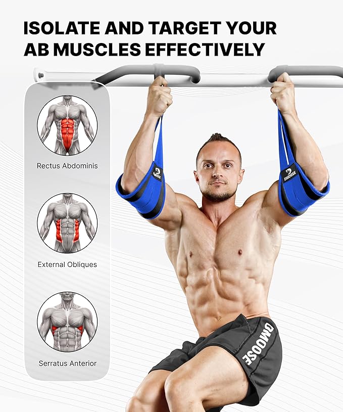 DMoose Fitness Hanging Ab Straps for Pull Up Bar & Core Strength Training - Thick Padded Arm Strap for Ab Swing with 2 Rust-Resistant Carabiners - Pull Up Straps for Ab Workouts at Home and Gym
