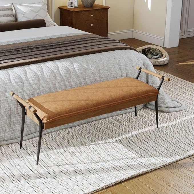 LukeAlon Modern PU Leather Entryway Bench, Upholstered End of Bed Bench with Arms Classic Bedroom Ottoman Bench with Metal Legs Elegant Footstool for Entrance Living Room, Brown