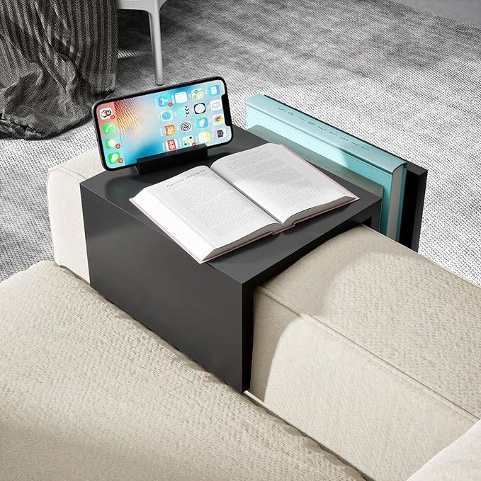 Wooden Couch Cup Holder with Side Storage Pocket Wooden Couch Armrest Table Sofa Arm Tray for TV Dinners Eating Drinks Snacks (Black)