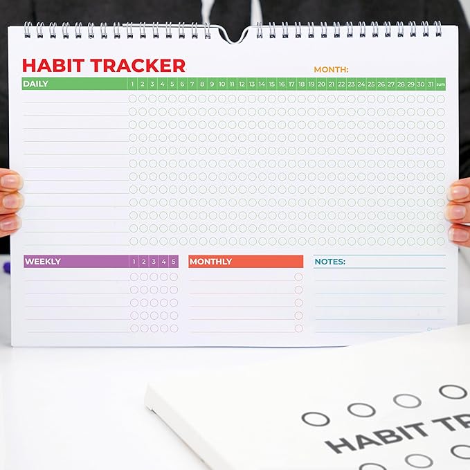 Hadigu Habit Tracker Calendar (Undated 12 Month) with Spiral Bound and Hanger, A4 size (8.3"x11.7"), Habit Planner, Daily Weekly and Monthly Tracker, Colorful Layout