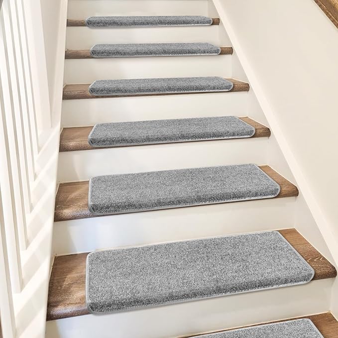 PURE ERA Bullnose Carpet Stair Treads Set Tape Free Non-Slip Indoor Stair Protectors Pet Friendly Rugs Covers Soft Skid Resistant Washable Reusable 9.5" x 30"(7 Pieces,Light Gray)