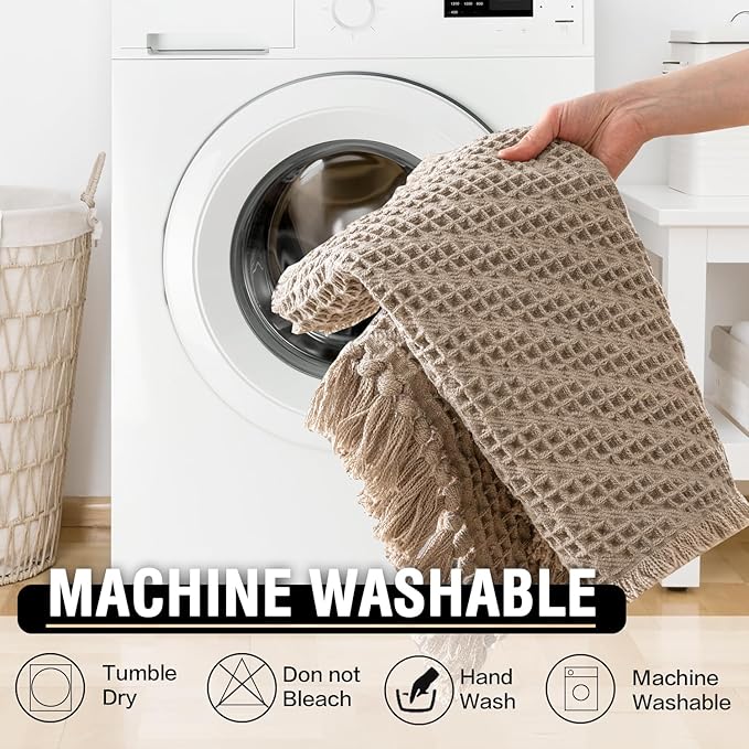 H.VERSAILTEX Waffle Bath Mat Super Absorbent Boho Bath Mat Non Slip Bath Rugs for Bathroom Floor Machine Washable Dry Fast Bathroom Rugs with Handmade Tassels, 20" x 32", Irish Cream
