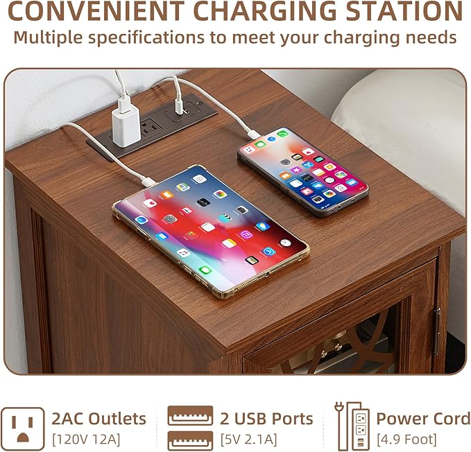 Narrow Side Table with Charging Station, Night Stand with Glass Door, Bedside End Tables with Adjustable Shelf Storage Cabinet,Wood Nightstand for Small Spaces Living Room Bedroom