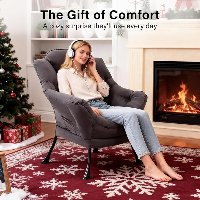 Lazy Chair, Modern Accent Lounge Reading Chair with Armrests, Side Pocket & Metal Frame, Comfy Leisure Chair for Living Room, Bedroom, Dorm & Office, Dark Grey