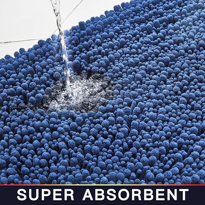Walensee Large Bathroom Rug Non Slip Bath Mat (72x24 Inch Dark Blue) Water Absorbent Super Soft Shaggy Chenille Machine Washable Dry Extra Thick Perfect Absorbant Best Plush Carpet for Shower Floor