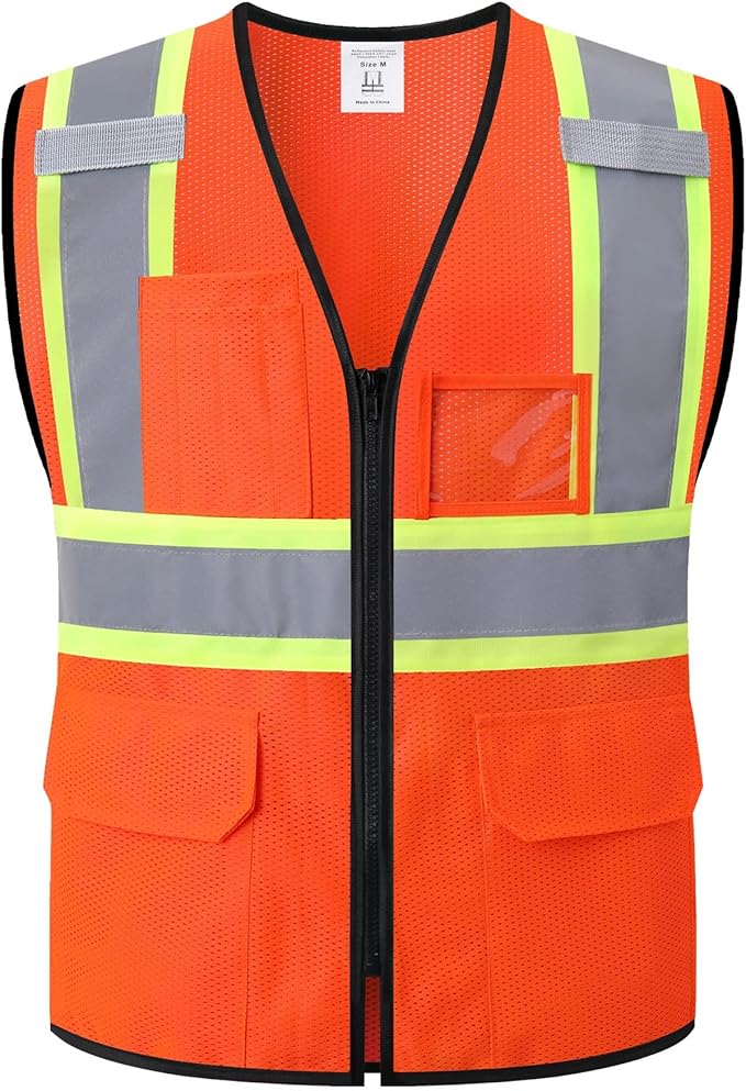 Reflective Safety Vest for Men Women Hi Vis Vest with Pockets High Visibility Vest Mesh Construction Vests Meets ANSI/ISEA Standards (Orange-33, X-Large)