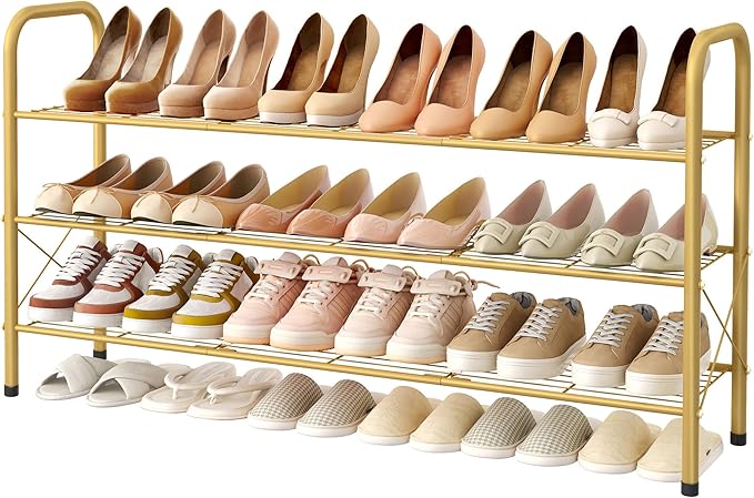 Hoctieon 3 Tier Mesh Style Shoe Rack, Entryway Shoe Shelf, Shoe Storage Organizer, Shoe Rack for Closet, Space Save for Bathroom, Garage, Hallway, Bedroom, Living Room, Gold