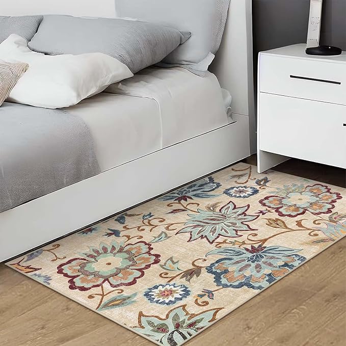 Beeiva Floral Washable 3x5 Area Rugs, Paisley Non Slip Rugs for Bedroom, Throw Ultra Thin Beige Carpet Entryway Carpets with Rubber Backing for Bathroom Kitchen Office