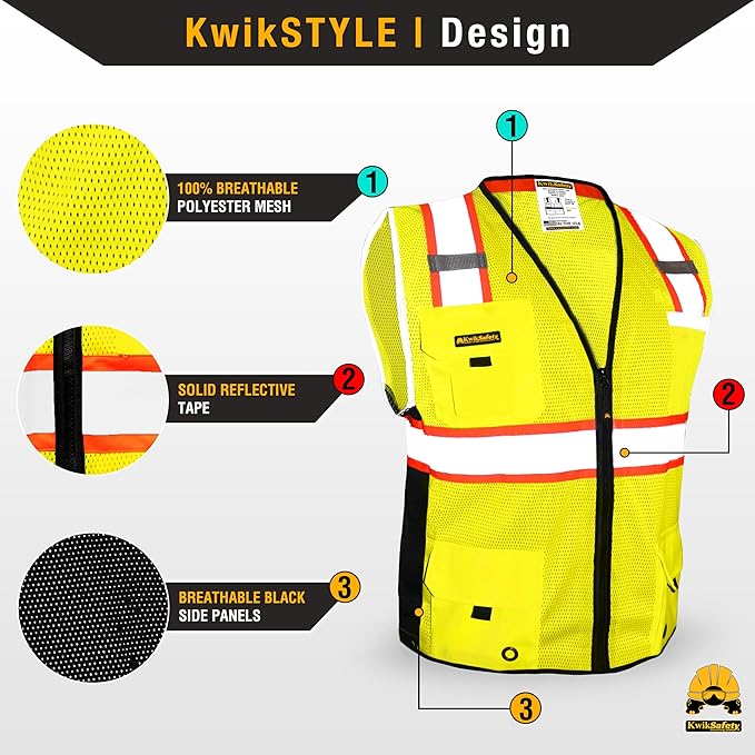 KwikSafety - Charlotte, NC - BIG KAHUNA Safety Vest [11 Pockets] Class 2 ANSI OSHA Reflective Vest Durable High Visibility Vest Construction Safety Vest for Men Industrial Work Gear/Yellow 2XL