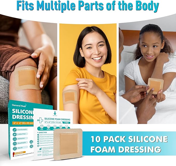 General Medi Waterproof Silicone Foam Island Dressing (10 Packs) – 4" x 4" Sterile Wound Care Pad with Adhesive Border - Sterile, Soft & Highly Absorbent Medical Grade Dressing Pad