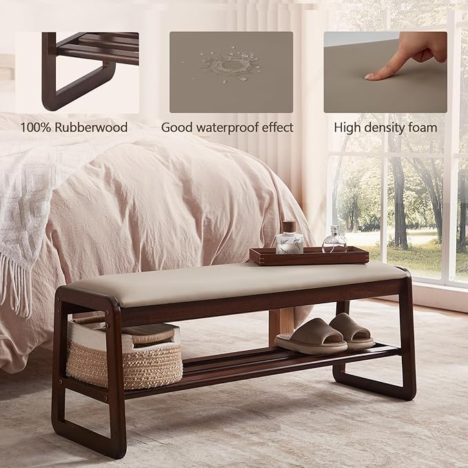 Shoe Rack Bench,2 Tier Wooden Entryway Bench with Shoe Storage, Shoe Rack with Cushion for Living Room, Hallway(Pu Beige, 39.4")