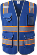 JKSafety 9 Pockets High Visibility Zipper Front Safety Vest | Blue with Dual Tone High Reflective Strips | Meets ANSI/ISEA Standards (901-Blue, Large)