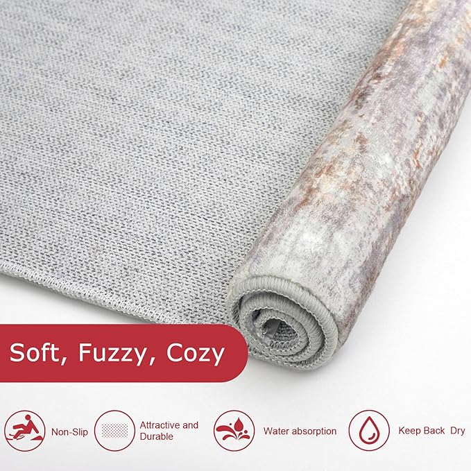 KOZYFLY Modern Abstract Washable Rug Runner 2.6x12 Hallway Rug Runner Non-Slip Soft Kitchen Runner Rugs, Multi Grey Striped Carpet for Entryway Bathroom Laundry Room Foyer