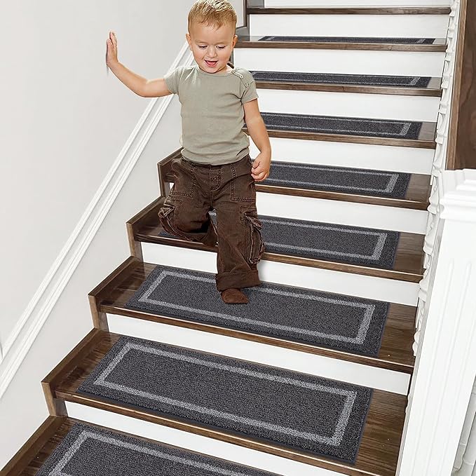 COSY HOMEER Soft Stair Treads 15pcs Non-Slip Carpet Mat 28inX9in Indoor Stair Runners for Wooden Steps, Stair Rugs for Kids and Dogs, 100% Polyester TPE Backing Black,Square