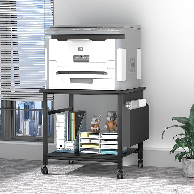 Large Printer Stand, 23.6 x 23.6 Inches Square Printer Stand with Storage Shelf, 2 Tier Printer Table for Home Office, Rolling Printer Cart with Lockable Wheels, Mobile Mini Fridge Stand Table, Black