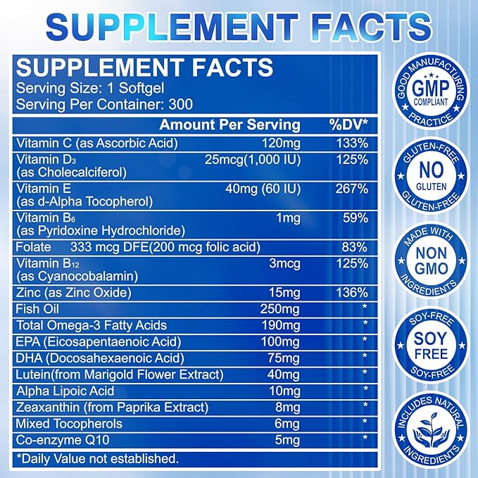 Lutein and Zeaxanthin Supplement - Eye Vitamins, 40 mg Lutein & 8 mg Zeaxanthin with Vitamins C, E, Zinc, Omega-3 & CoQ10 for Blue Light Protection, Eye Health Support  - 300 Softgels