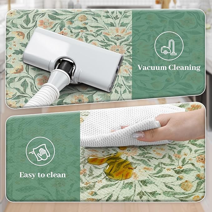 KIMODE Anti Fatigue Kitchen Mats for Floor 2 Piece, Boho Floral Kitchen Rugs Non Slip, Memory Foam Kitchen Floor Mats, Ergonomic Standing Mats for Sink Laundry Office Desk Green 20"x47"+20"x32"