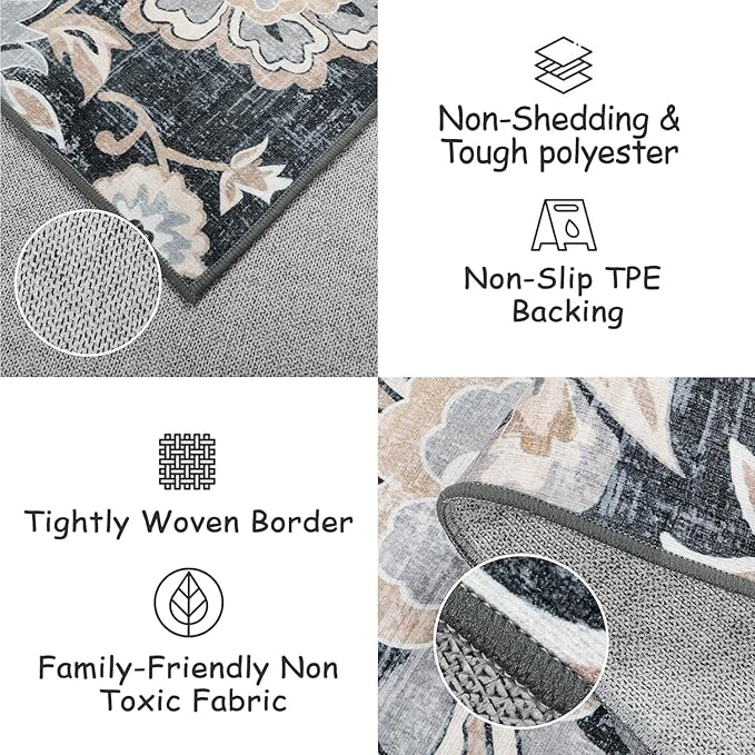 Beeiva Floral Large Carpet for Bedroom, 4x6 Rug Non Slip Vintage Black Rug for Bedroom, Paisley Print Living Room Ultra Thin Washable Rugs for Entryway Bedside Office