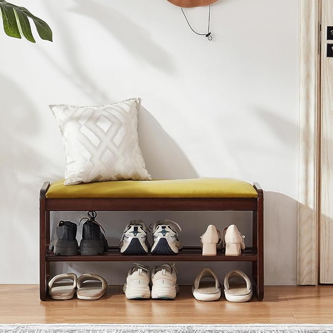 Shoe Rack Bench,2 Tier Wooden Entryway Bench with Shoe Storage, Shoe Rack with Cushion for Living Room, Hallway(Olive Green, 31.5")