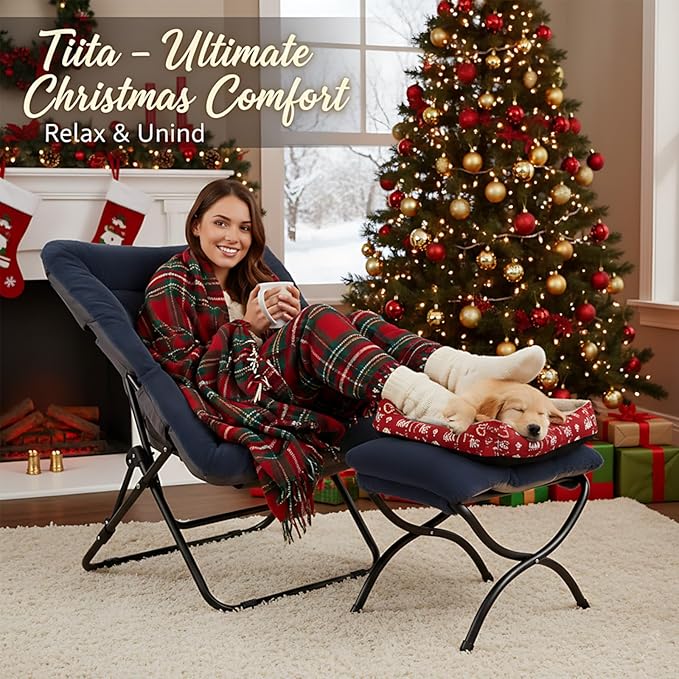 Tiita Folded Chair with Ottoman, Soft Faux Fur Oversized Folding Accent Chair,Lounge Lazy Chair, Metal Frame Moon Chair for Bedroom, Living Room, Dorm Rooms, Garden and Courtyard