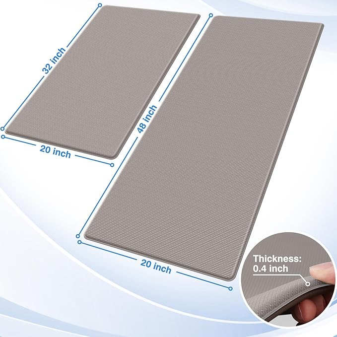 StepRite Kitchen Mats, 2PCS Kitchen Rugs, Cushioned Anti Fatigue Kitchen Mats for Floor, Non-Slip Standing Desk Mat, Waterproof Kitchen Rug Set for Kitchen, 20" x 32"+20" x 48"-0.4 inch Thick, Khaki