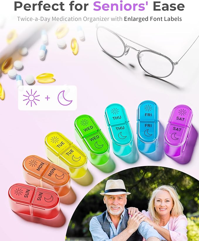 Pill Organizer, 𝐏𝐢𝐥𝐥 𝐁𝐨𝐱 𝟕 𝐃𝐚𝐲, AM & PM Medicine Organizer 7 Days, Weekly Pill Organinzer 2 Times a Day, Pill Case for Travel, Vitamins, Fish Oils, Supplements