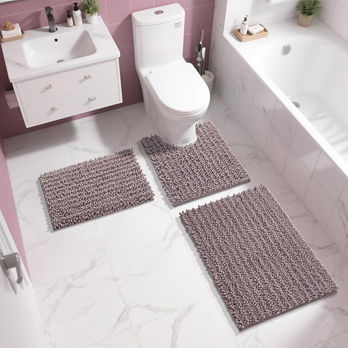 Yimobra Bathroom Rugs Non Slip Washable 32x20 Inch - Ultra Soft Absorbent Chenille Bath Mat, Quick Dry Shaggy Floor Carpet for Tub Shower, Mauve Home Decor Accessories